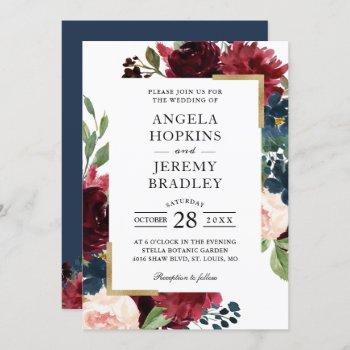 burgundy red blush floral navy blue gold wedding invitation