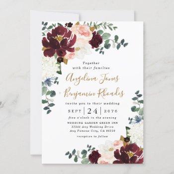 burgundy red blush pink and gold floral wedding invitation
