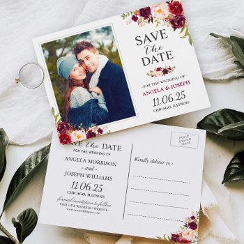 burgundy red floral chic save the date photo postcard