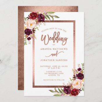 Small Burgundy Red Floral Rose Gold Script Wedding Front View