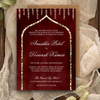 burgundy red gold ethnic indian arch wedding invitation