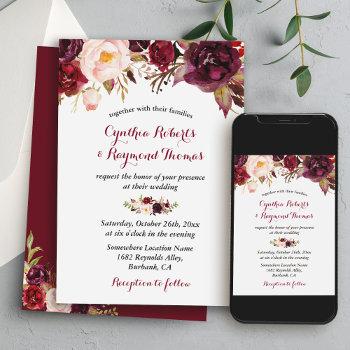 burgundy red marsala floral chic fall wedding invitation