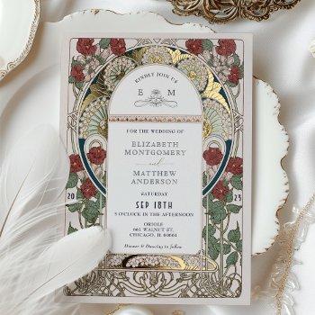 burgundy red navy blue gold wedding art nouveau foil invitation