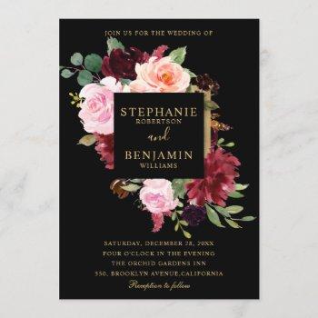 burgundy red navy floral rustic boho wedding invitation