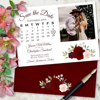 Small Burgundy Red & Pink Roses Wedding Calendar & Photo Save The Date Front View