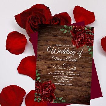 burgundy red rose rustic wood wedding invitation