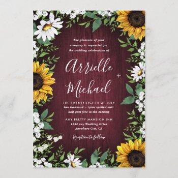burgundy red sunflower greenery wreath wedding invitation