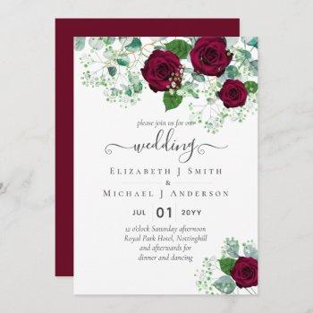 burgundy rose eucalyptus wedding invitation