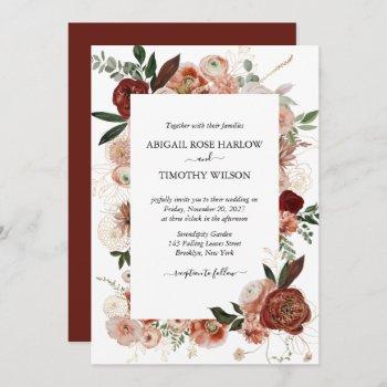burgundy rustic floral gold rose marsala wedding  invitation