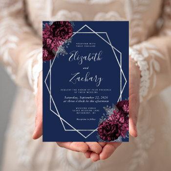 burgundy silver floral navy blue wedding invitation