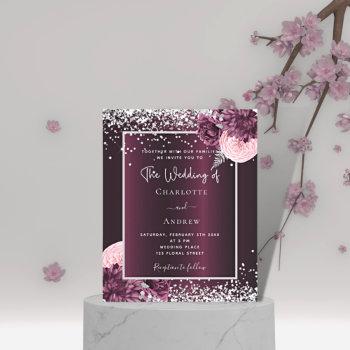 burgundy silver florals budget wedding invitation