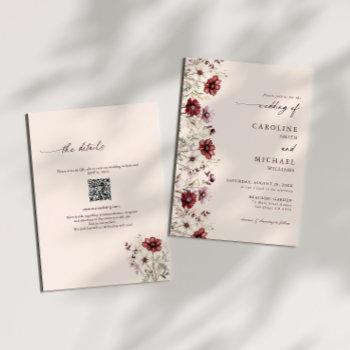 burgundy wildflower qr code wedding  invitation