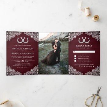 burgundy wood horseshoes lace wedding photo tri-fold invitation