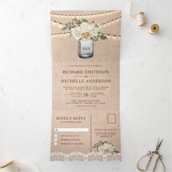 burlap cream floral mason jar string light wedding tri-fold invitation