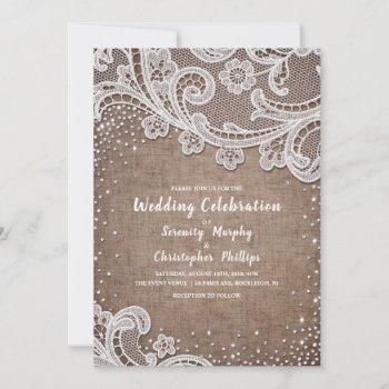burlap lace silver glitter rustic country wedding invitation