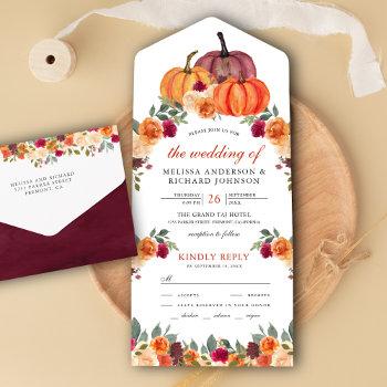 burnt orange and burgundy floral pumpkin wedding all in one invitation