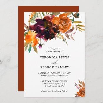 burnt orange burgundy fall floral rustic wedding invitation