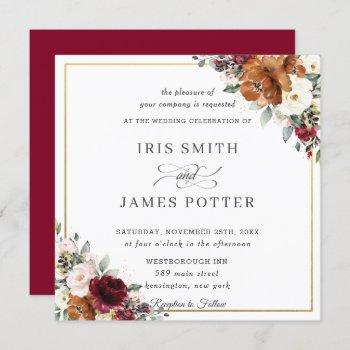 Small Burnt Orange Ivory Burgundy Floral Wedding Square Front View