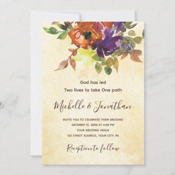 Small Burnt Orange Purple Floral Christian Wedding Front View