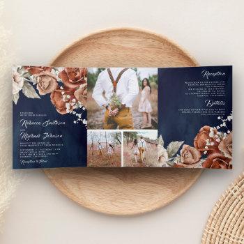 Small Burnt Orange Roses Photo Collage Navy Blue Wedding Tri-fold Front View