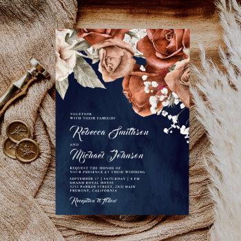 Small Burnt Orange Roses Terracotta Floral Navy Wedding Front View