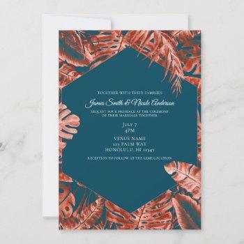burnt sienna & teal tropical palm leaves wedding invitation