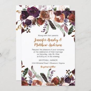 butter rum rust dark purple roses boho wedding invitation