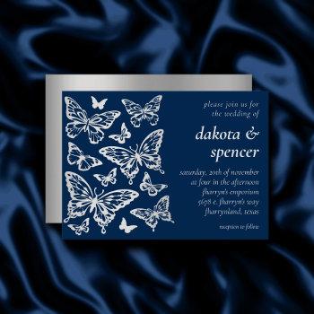 butterfly chic wedding | navy blue and silver gray invitation