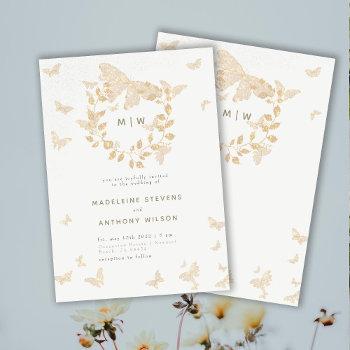 butterfly wedding gold monograms wreath elegant invitation