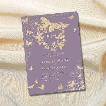 butterfly wedding lilac gold monograms elegant invitation