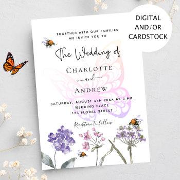 butterfly wildflowers violet pink wedding invitation