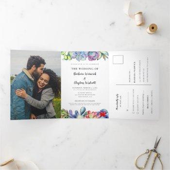 cacti and succulents watercolor all in one wedding tri-fold invitation
