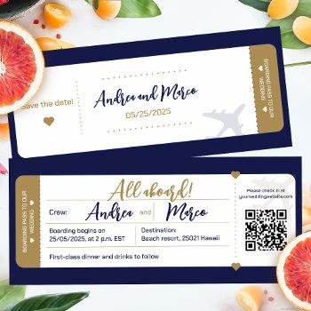 calligraphy blue and gold boarding pass wedding invitation