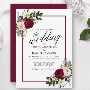 calligraphy burgundy frame greenery floral wedding invitation