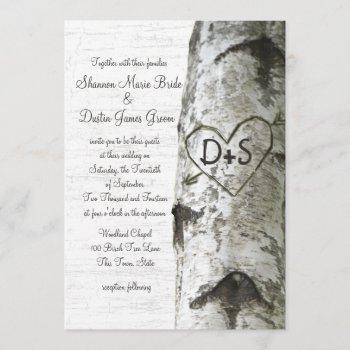 carved heart birch tree wedding invitation