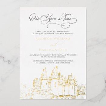 castle once upon a time fairy tale wedding gold foil invitation