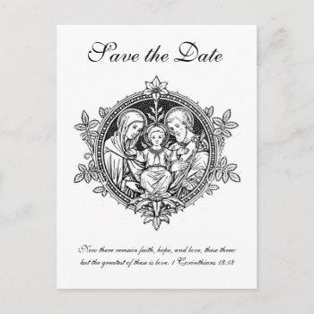Small Catholic Black & White Holy Family Save The Date Announcement Post Front View