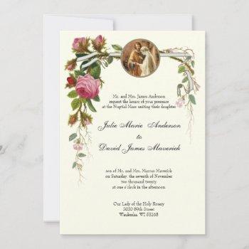 catholic classic elegant ivory roses wedding invitation