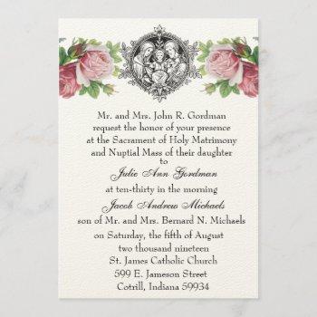 catholic holy family pink roses floral  wedding invitation