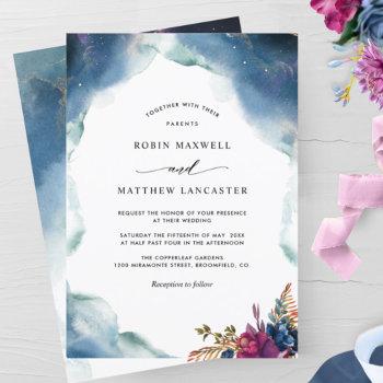 celestial blue, purple and teal watercolor wedding invitation