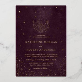 celestial burgundy floral moon wedding foil invitation