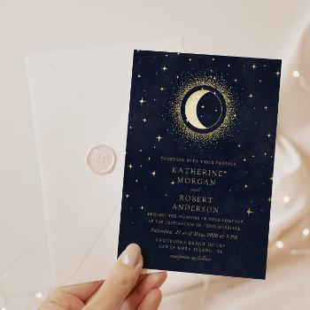 celestial midnight blue stars moon wedding foil invitation