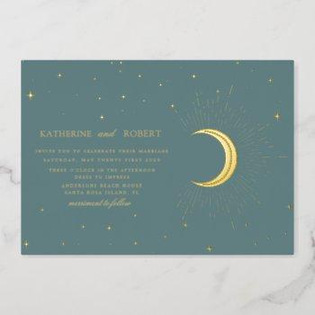 celestial midnight sage gold stars wedding foil invitation
