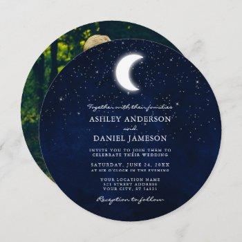 celestial moon and stars round photo wedding invitation