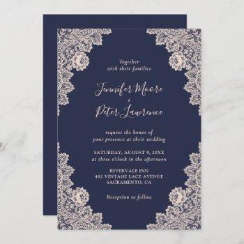 champagne and navy blue lace wedding invitation