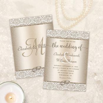 champagne damask glitter monogram elegant wedding invitation