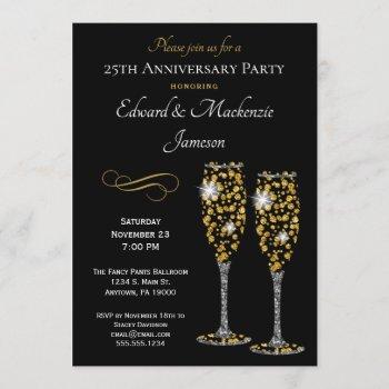 champagne glasses black anniversary invitation