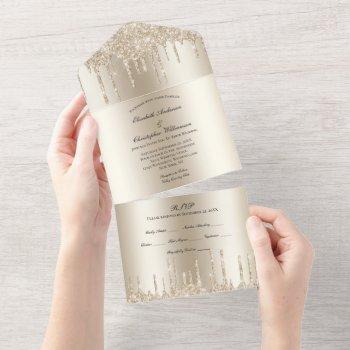 champagne glitter drips glam bling wedding all in one invitation