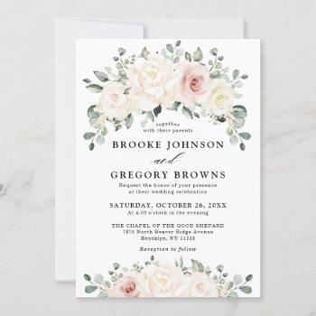 champagne ivory blush pink floral greenery wedding invitation