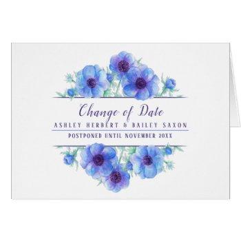 change of date anemone blue wedding postponed card